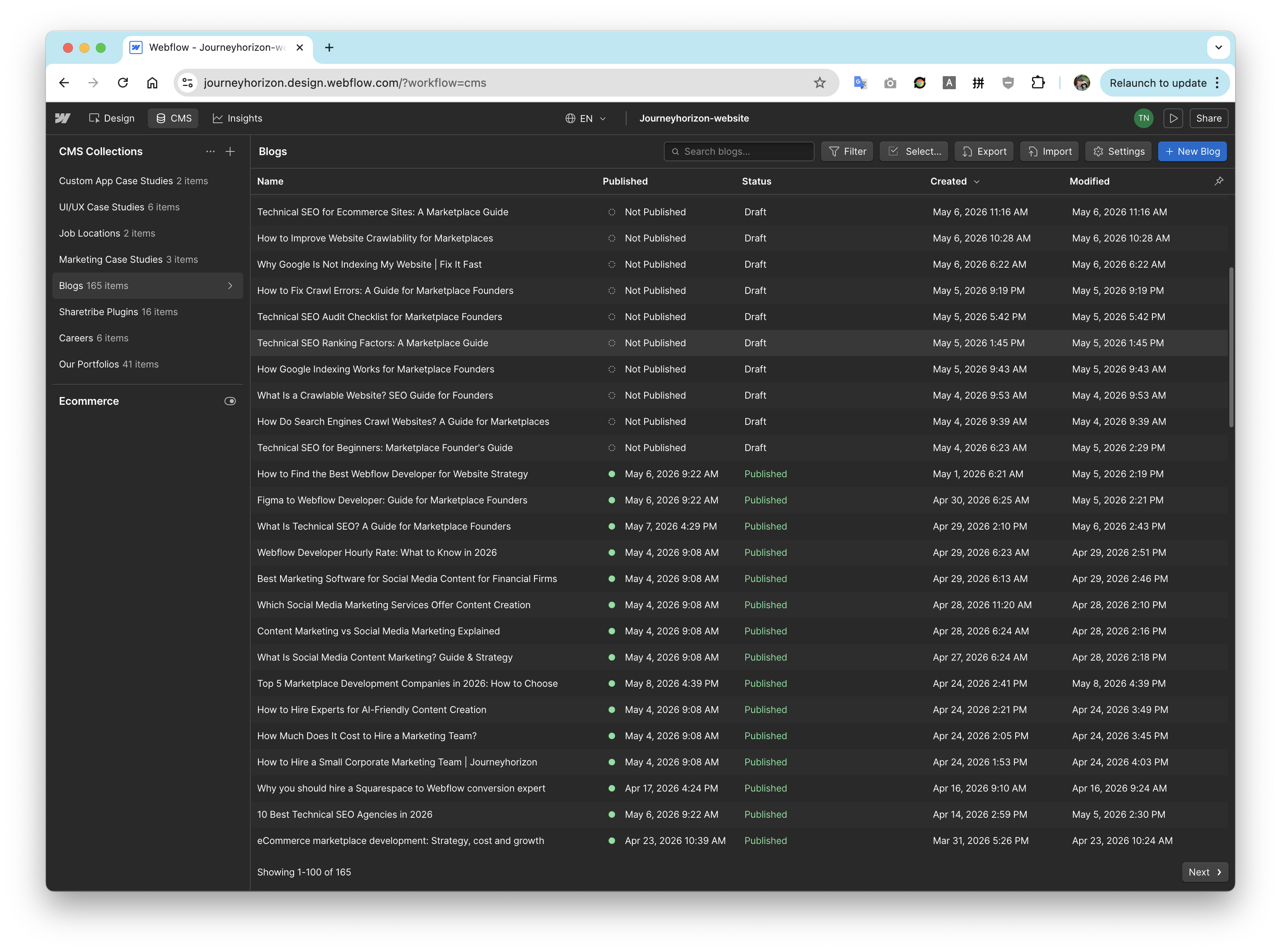 Webflow CMS showing 165+ blog posts created by the agent